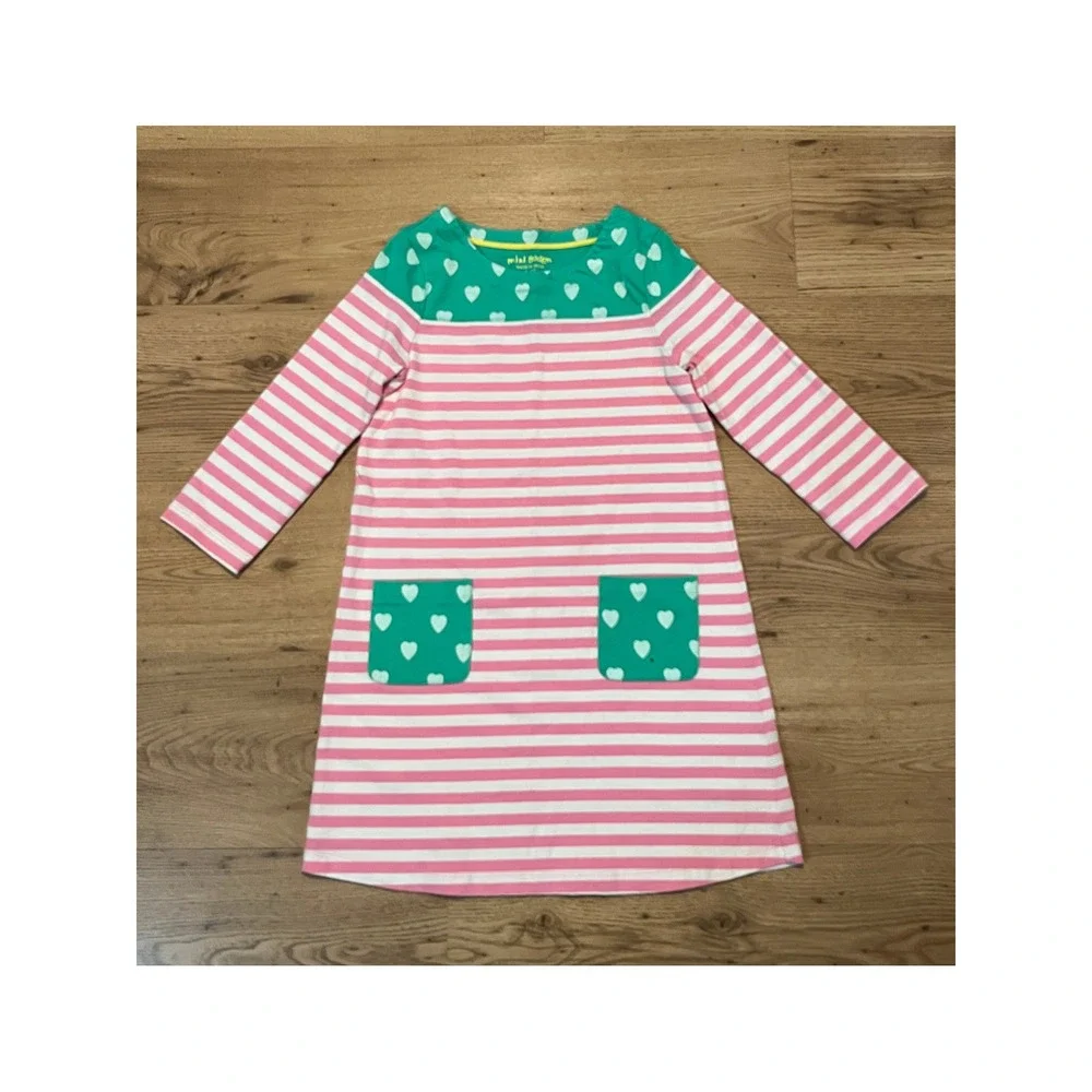 Mini Boden Dress Girls size 9-10Y Pink Stripe Green Heart Pocket Cotton School